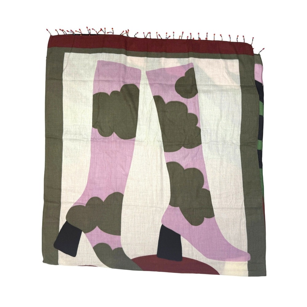 PARFOIS Oversized Printed Boot Graphic Beaded Fringe Multicolor Scarf